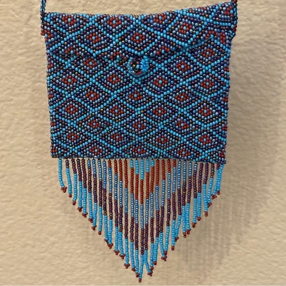 Elegant Beaded Blue and Burgundy Fringe Mini Bag Size 3 1/2”x4” - Picture 2 of 6